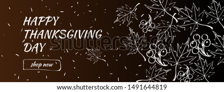 Happy Thanksgiving Day Sale banner with doodle maple leaf, horizontal background. Vector illustration for banners invitation poster and website