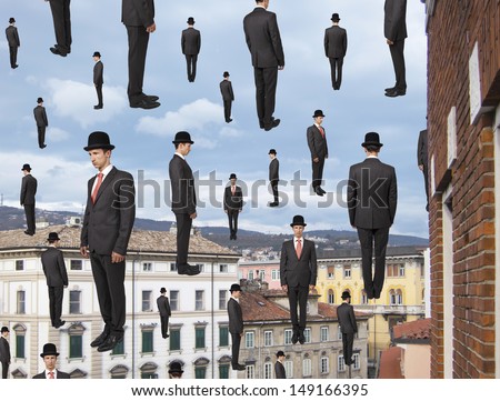 businessmen floating in the sky over european city, magritte style Royalty-Free Stock Photo #149166395
