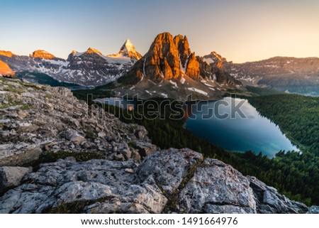 The landscape of pyramidal mount Assiniboine, a.k.a. the Queen of Canadian Rockies. It is located on border of British Columbia and Alberta state in Canada. 