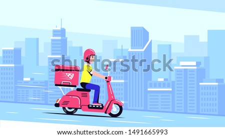 Delivery Man Ride Scooter Motorcycle with a box. Food delivery service concept. Flat style illustration.