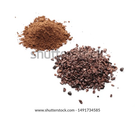 Chopped and powder cocoa pile isolated on white background