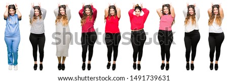 Collage of beautiful young woman wearing different looks over white isolated background Posing funny and crazy with fingers on head as bunny ears, smiling cheerful