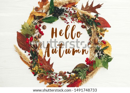 Hello Autumn text, fall greeting sign on autumn wreath flat lay of fall leaves, red berries, acorns, anise, nuts, autumn flowers on white wood. Seasons greeting card