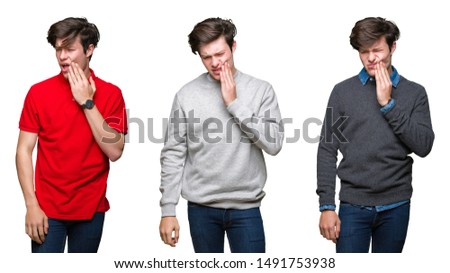Collage of young man over white isolated background touching mouth with hand with painful expression because of toothache or dental illness on teeth. Dentist concept.