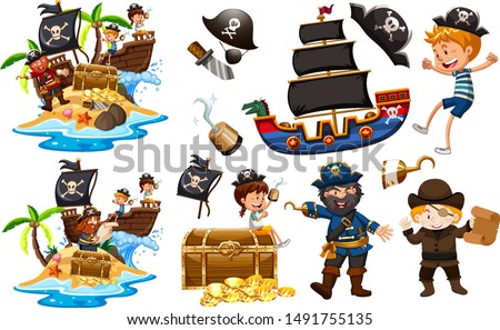 Set of pirates with ship and gold illustration