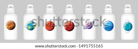 Water bottle design with different planets illustration
