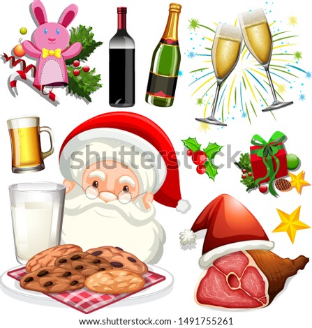 Santa and christmas food on white background illustration