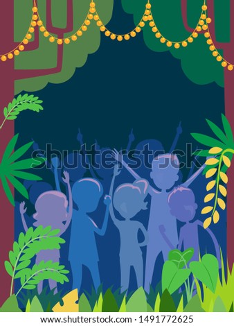 Illustration of Silhouette of People in the Dark in the Wilderness with Lights on Trees