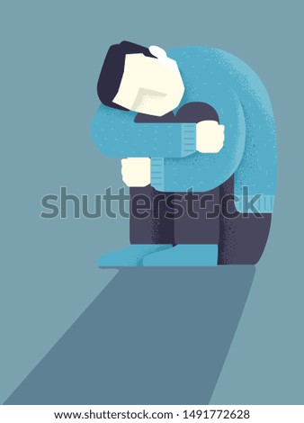 Illustration of a Lonely and Depressed Man Hugging Himself Down on the Floor