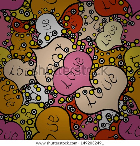 Vector illustration. Seamless Sixties style mod pop art psychedelic colorful Love text design. Cute hearts love on black, beige and yellow colors on nice background.