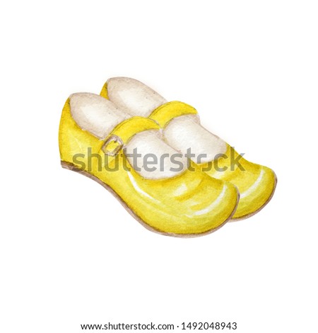 Yellow girl shoes for children, smart kids fashion shoes collection. Hand painted watercolor illustration on white background.