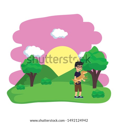 Boy with dog cartoon design, Mascot pet animal nature cute and puppy theme Vector illustration