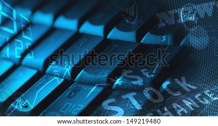 Computer keyboard with glowing business management icons and diagram