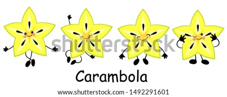 carambola tropical character. learning fruits. The content of vitamins. Healthy food. Funny comic vegetable set