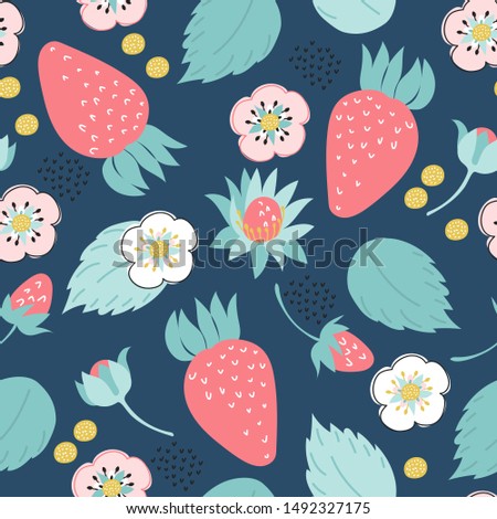 Berries seamless pattern. Strawberry, flowers, leaves vector Illustration for all over print, packaging, food, cosmetics branding and more.