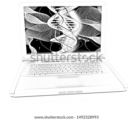 Laptop with dna medical model background on laptop screen. 3d illustration. Pencil drawing.