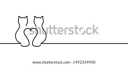 Drawing happy cat line pattern.  Kitty silhouette pictogram. Flat vector sleeping cartoon sketch sign. Animals day or Cat day. Lovers, love heart kitten. Cats say meow. Mouse, fishbone doodle icon.