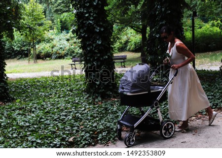 The picture shows a happy mother who is walking in the park with a pushchair.