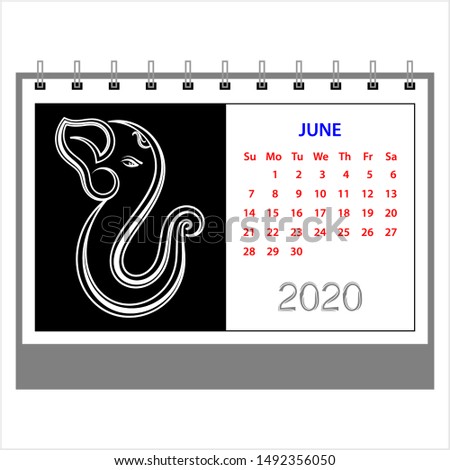 Desk Calendar 2020 June Ganesha (The Lord Of Wisdom), Table Daily Calendar Template Vector Art Illustration