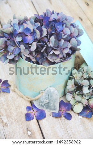 Birthday greeting card - Bouquet of hydrangea flowers in a vase on a rustic wooden table