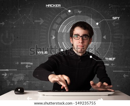 Young hacker in futuristic enviroment hacking personal information on tech background