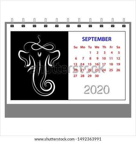 Desk Calendar 2020 September Ganesha (The Lord Of Wisdom), Table Daily Calendar Template Vector Art Illustration