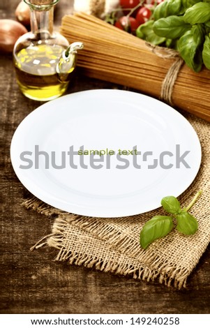 whole wheat spaghetti, ingredients and plate for text