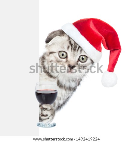 Cat in red christmas hat holding a glass of wine behind white banner. isolated on white background
