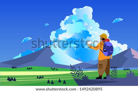 Man with backpack standing on top of mountain or cliff, Flat vector illustration. Concept of discovery, exploration, hiking, adventure tourism and travel.
