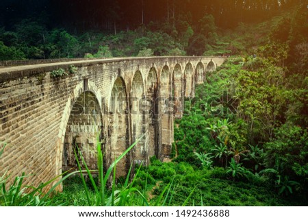 Bottom view of Nine Arch Bridge, the perfect example of the British railway construction, located in deep jungle of Demodara, Ella, Sri Lanka.