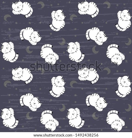 Design for a night out. Seamless vector pattern from hand made with white kittens and the moon on a gray textured background. Cartoon vector illustration.