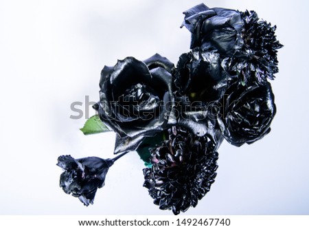 Metallic steel color. vintage retro. wealth and richness. metallized antique decor. floristics business. Glamour. grunge beauty. Isolated on white. silver black chrysanthemum and rose flower.