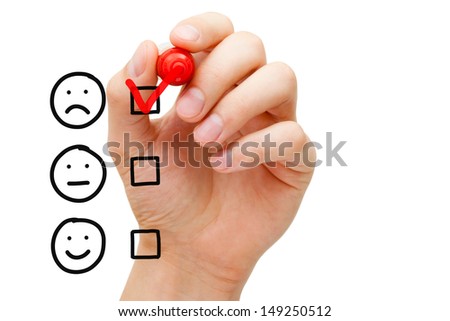 Hand putting check mark with red marker on poor customer service evaluation form. Royalty-Free Stock Photo #149250512
