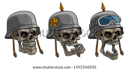 Cartoon detailed realistic colorful scary human skulls in old retro metal german soldier helmets with eye glasses, eagle and cross. Isolated on white background. Vector icon set.