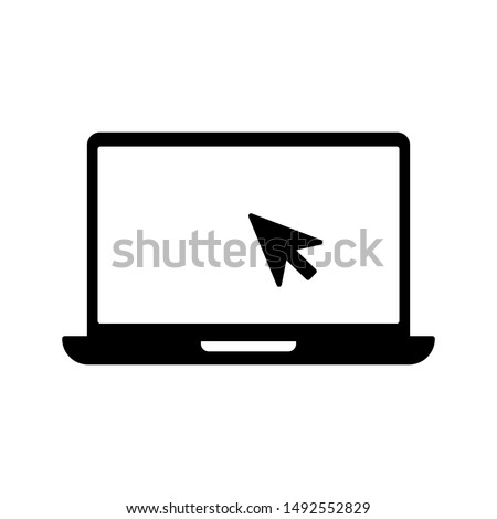 Laptop with pointer or cursor icon isolated. Notebook screen template. Display with clicking mouse on white background. Royalty-Free Stock Photo #1492552829