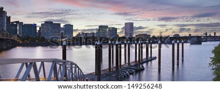 Portland Oregon Waterfront Skyline by the Boat Dock Along Willamette River at Sunset Panorama