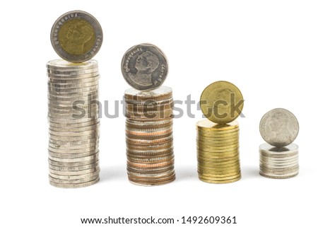 Thai coins are arranged in a financial chart from one baht to ten baht.