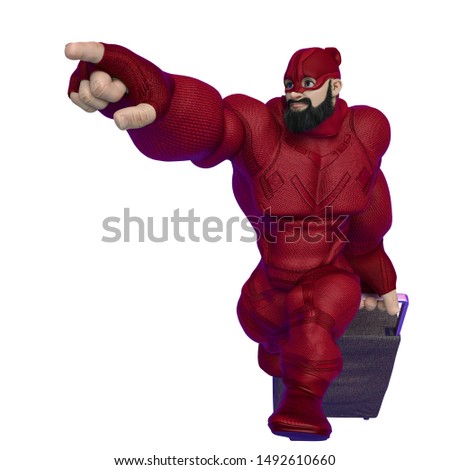 super hero cartoon with beard on suit is going on vacation front view, 3d illustration