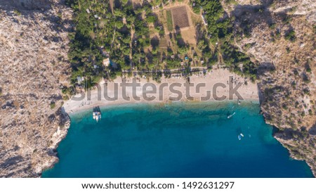 Aerial Drone View of Trees, Beach and Boats in Clean Turquoise Water in Butterfly Valley, Fethiye, Antalya, Turkey