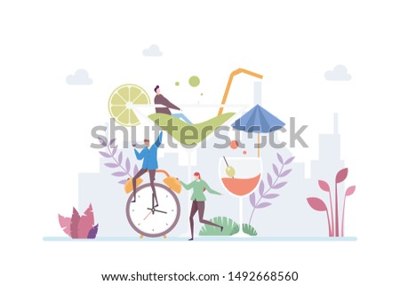 
Happy Hour Illustration Concept Showing a group of people relaxing enjoying free time drinking, Suitable for landing page, ui, web, App intro card, editorial, flyer, and banner.
