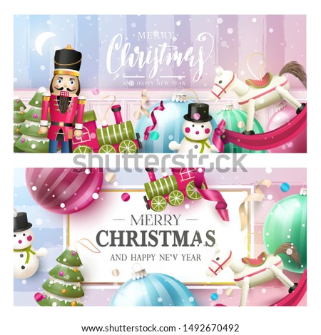 Christmas headers or banners with traditional wooden toy decorations.