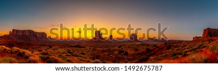 Panoramic at the beautiful sunrise in Monument National Park, Utah. United Stated Royalty-Free Stock Photo #1492675787