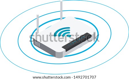 Wireless router in isometric style. Vector illustration of wifi network sharing. Royalty-Free Stock Photo #1492701707
