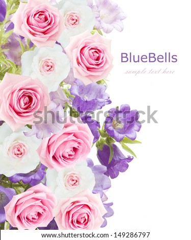 Bluebells flowers and roses wedding background isolated on white with sample text