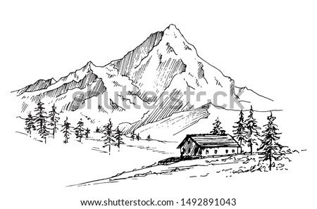 Hand drawn vector landscape with mountains, trees and village house in the mountains. Perfect for banner, poster and sticker design. Royalty-Free Stock Photo #1492891043