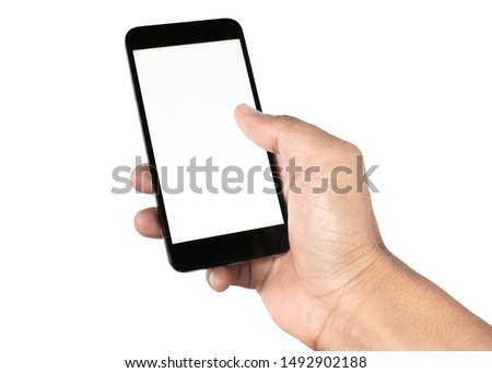 Hand holding smartphone isolated on white background with clipping path Royalty-Free Stock Photo #1492902188