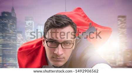 Flying super hero over the city