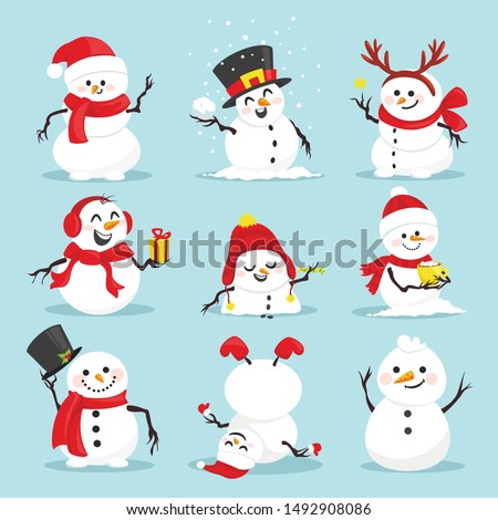 Cute christmas snowmen flat vector illustrations set. Winter outdoor activity for kids isolated cliparts pack. Funny snow man wearing hat, scarf and mittens collection on blue background Royalty-Free Stock Photo #1492908086
