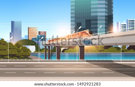 highway road city street with modern skyscrapers train on railway monorail crossing bridge urban cityscape background flat horizontal