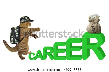 The cat businessman in a cap with a backpack climbs a ladder made from the word " career " to wealth. White background. Isolated.